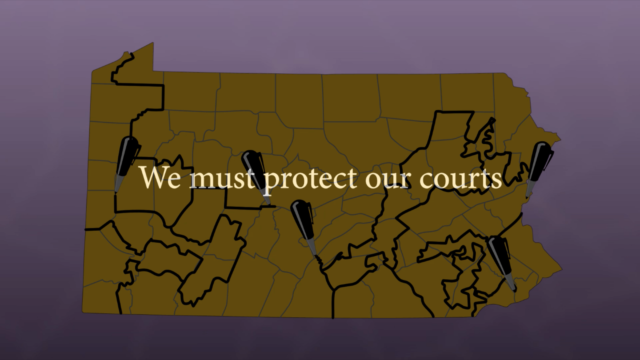 "We must protect our courts" overlaid on PA map