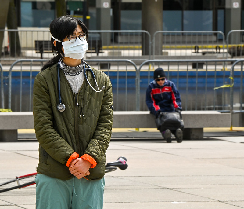 Several doctors participated in a socially distanced protest demanding a faster response to COVID-19 outbreaks in the shelter system.